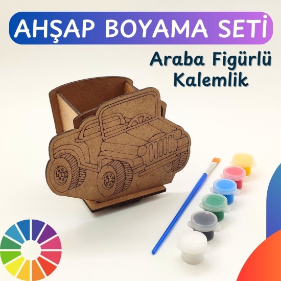 Ahşap Kalemlik Boyama Seti — Araba Figürlü