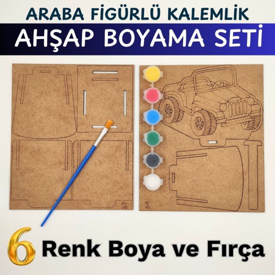 Ahşap Kalemlik Boyama Seti — Araba Figürlü