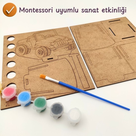 Ahşap Kalemlik Boyama Seti — Araba Figürlü
