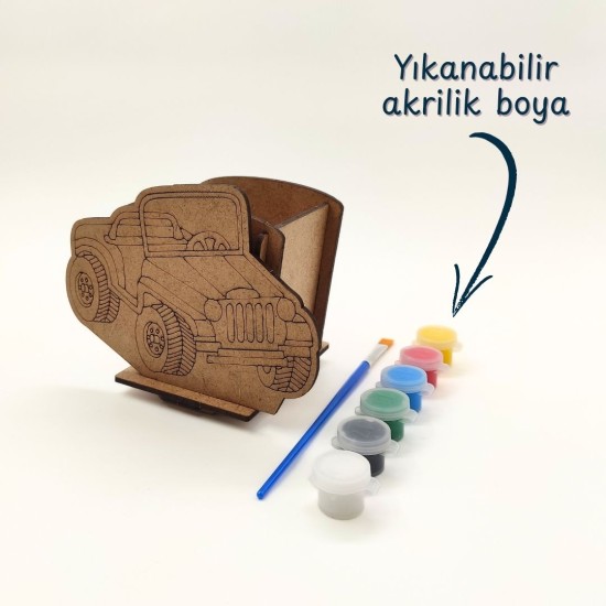 Ahşap Kalemlik Boyama Seti — Araba Figürlü