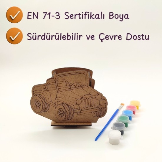Ahşap Kalemlik Boyama Seti — Araba Figürlü