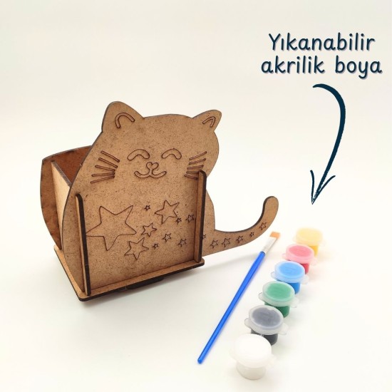 Ahşap Kalemlik Boyama Seti — Kedi Figürlü