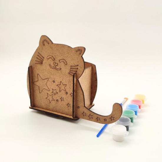 Ahşap Kalemlik Boyama Seti — Kedi Figürlü