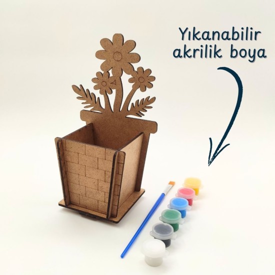 Ahşap Kalemlik Boyama Seti — Çiçek Figürlü