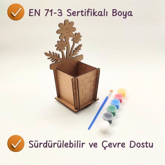 Ahşap Kalemlik Boyama Seti — Çiçek Figürlü